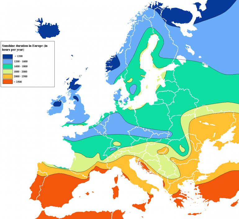europe sunshine hours map