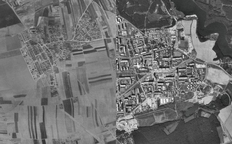 Srovnávací snímek Jižního města, mapy z roku 1945 a 1989.