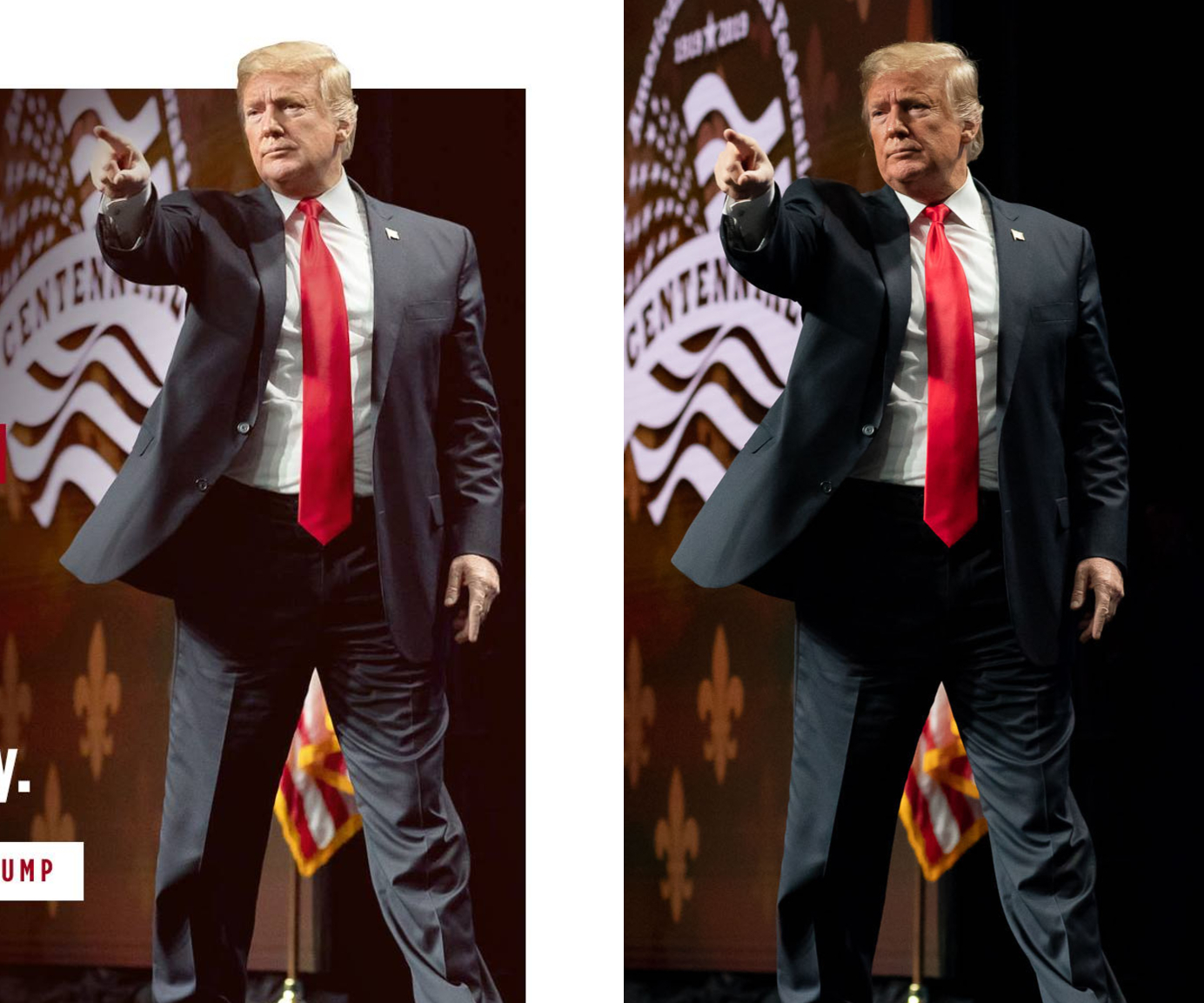 Gozmodo arovnává upravenou fotku na Facebooku Donalda Trumpa (vlevo) a originál gizmodo